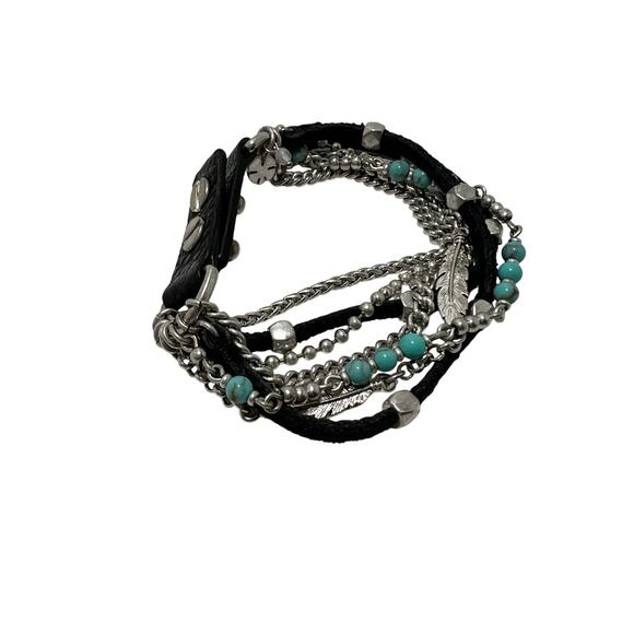 Womens Multi Strand Leather Bracelet Turquoise Beads Silver Chains 8.25in Boho - Picture 3 of 12